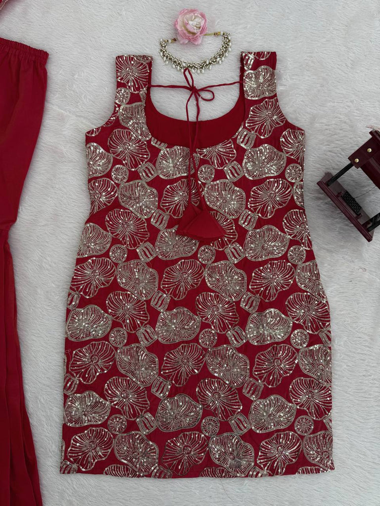 Dusty Red Premium Simmer Silk Sharara Set with Dupatta – Thread & Sequin Work | Fully Stitched ClothsVilla