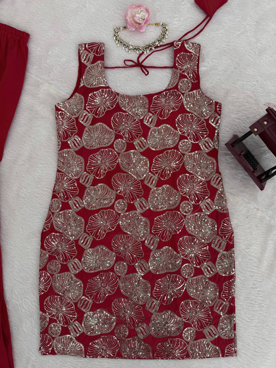 Dusty Red Premium Simmer Silk Sharara Set with Dupatta – Thread & Sequin Work | Fully Stitched ClothsVilla