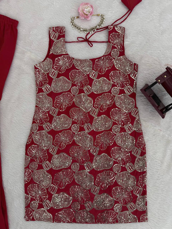 Dusty Red Premium Simmer Silk Sharara Set with Dupatta – Thread & Sequin Work | Fully Stitched ClothsVilla