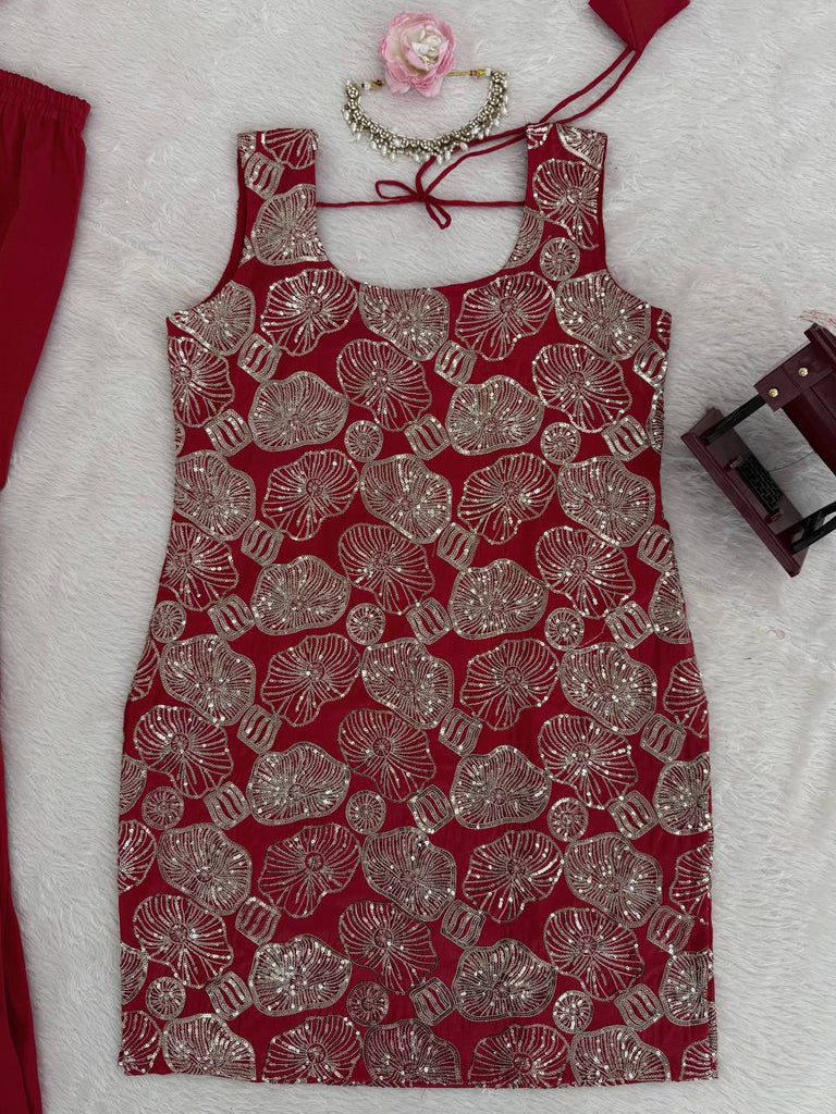 Dusty Red Premium Simmer Silk Sharara Set with Dupatta – Thread & Sequin Work | Fully Stitched ClothsVilla