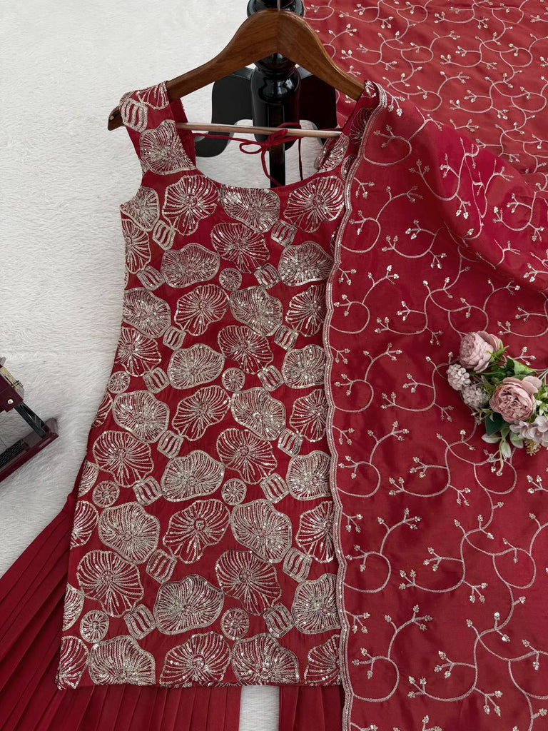 Dusty Red Premium Simmer Silk Sharara Set with Dupatta – Thread & Sequin Work | Fully Stitched ClothsVilla