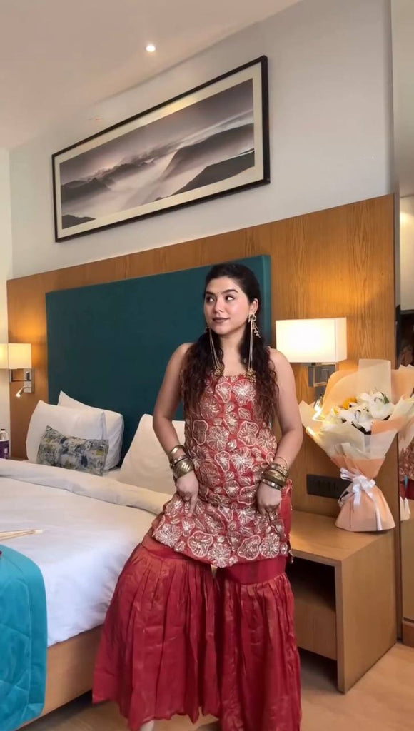 Dusty Red Premium Simmer Silk Sharara Set with Dupatta – Thread & Sequin Work | Fully Stitched ClothsVilla