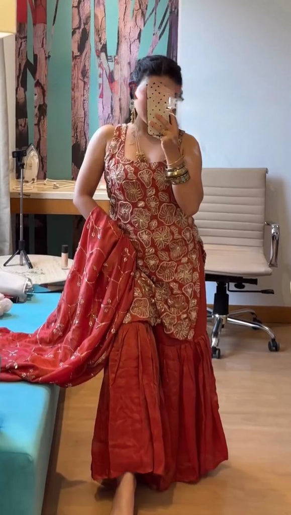 Dusty Red Premium Simmer Silk Sharara Set with Dupatta – Thread & Sequin Work | Fully Stitched ClothsVilla