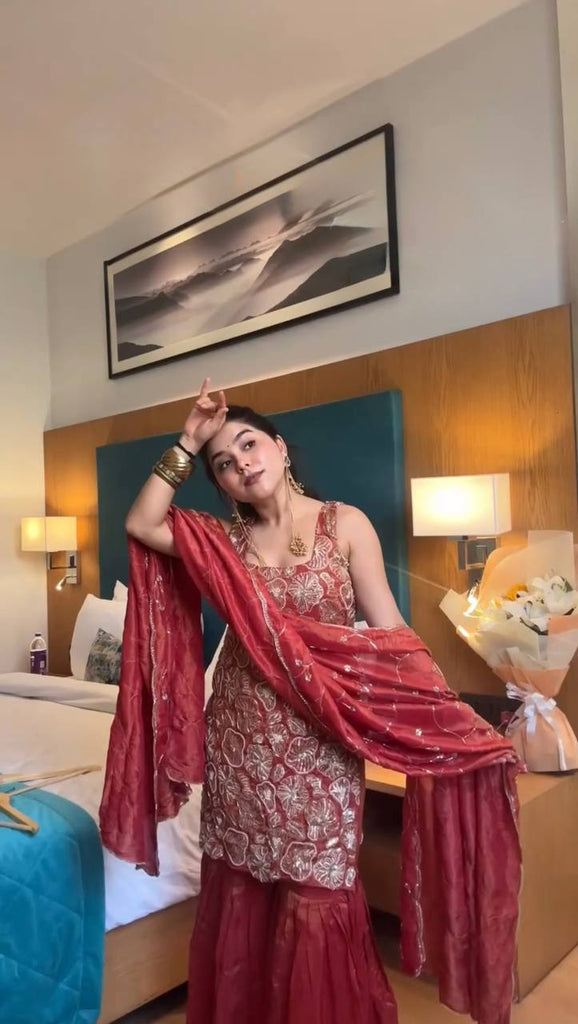 Dusty Red Premium Simmer Silk Sharara Set with Dupatta – Thread & Sequin Work | Fully Stitched ClothsVilla