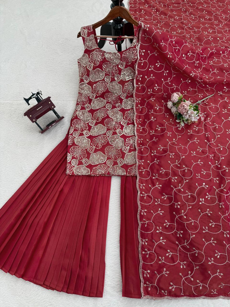 Dusty Red Premium Simmer Silk Sharara Set with Dupatta – Thread & Sequin Work | Fully Stitched ClothsVilla