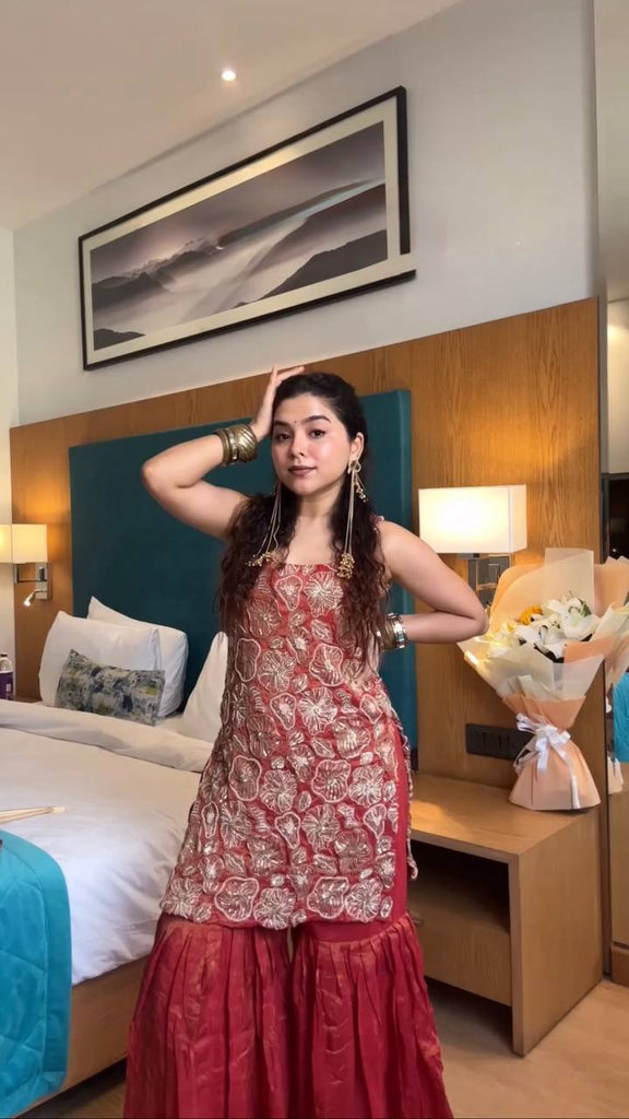 Dusty Red Premium Simmer Silk Sharara Set with Dupatta – Thread & Sequin Work | Fully Stitched ClothsVilla