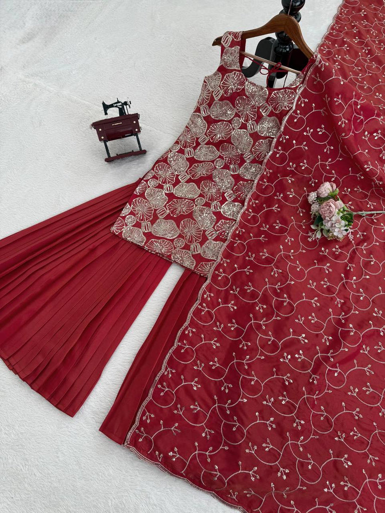 Dusty Red Premium Simmer Silk Sharara Set with Dupatta – Thread & Sequin Work | Fully Stitched ClothsVilla
