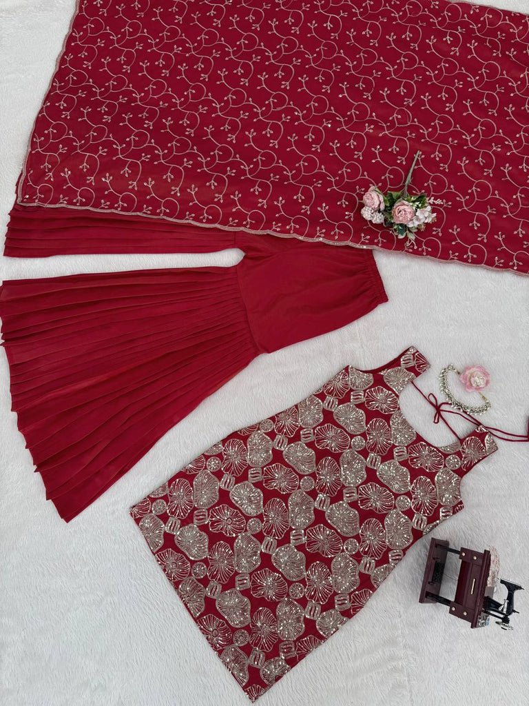 Dusty Red Premium Simmer Silk Sharara Set with Dupatta – Thread & Sequin Work | Fully Stitched ClothsVilla