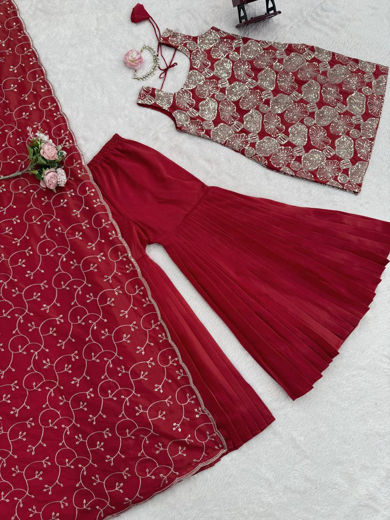 Dusty Red Premium Simmer Silk Sharara Set with Dupatta – Thread & Sequin Work | Fully Stitched ClothsVilla
