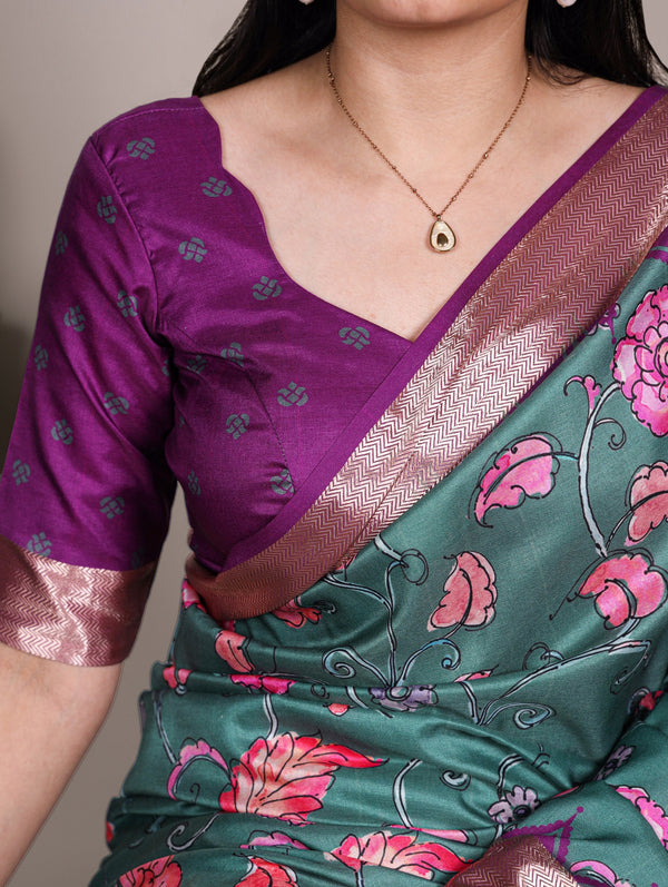 Dusty Teal Elegant Printed Saree ClothsVilla