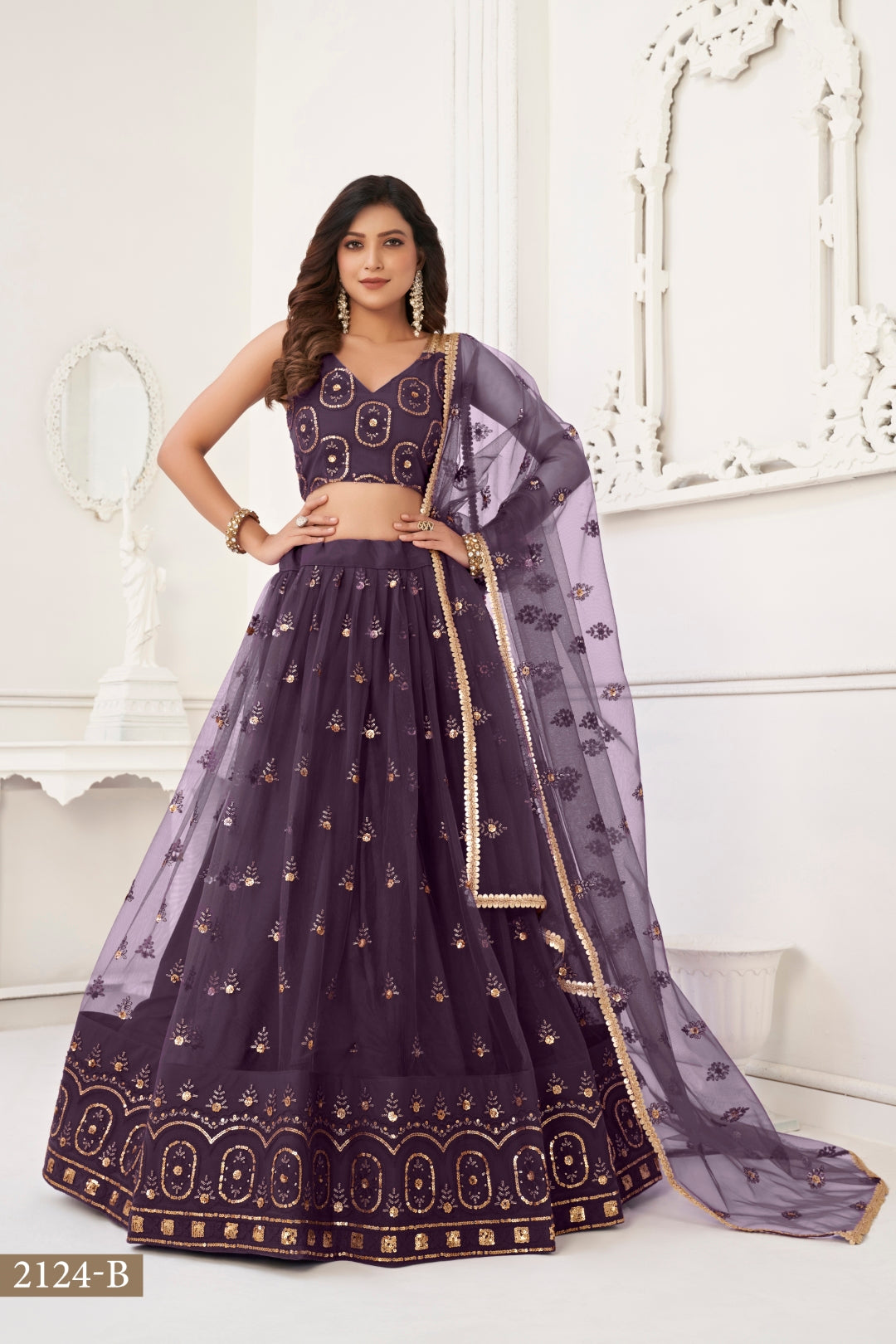 Dusty Wine Elegant Butterfly Net Lehenga with Tone-to-Tone Embroidery