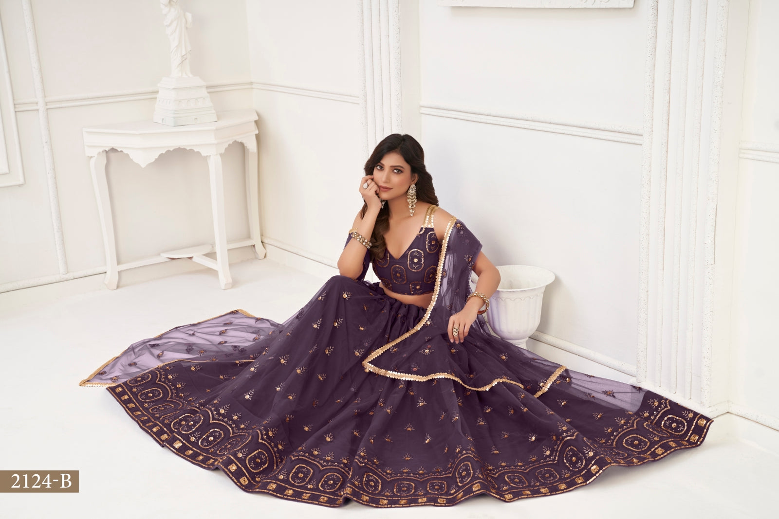 Dusty Wine Elegant Butterfly Net Lehenga with Tone-to-Tone Embroidery