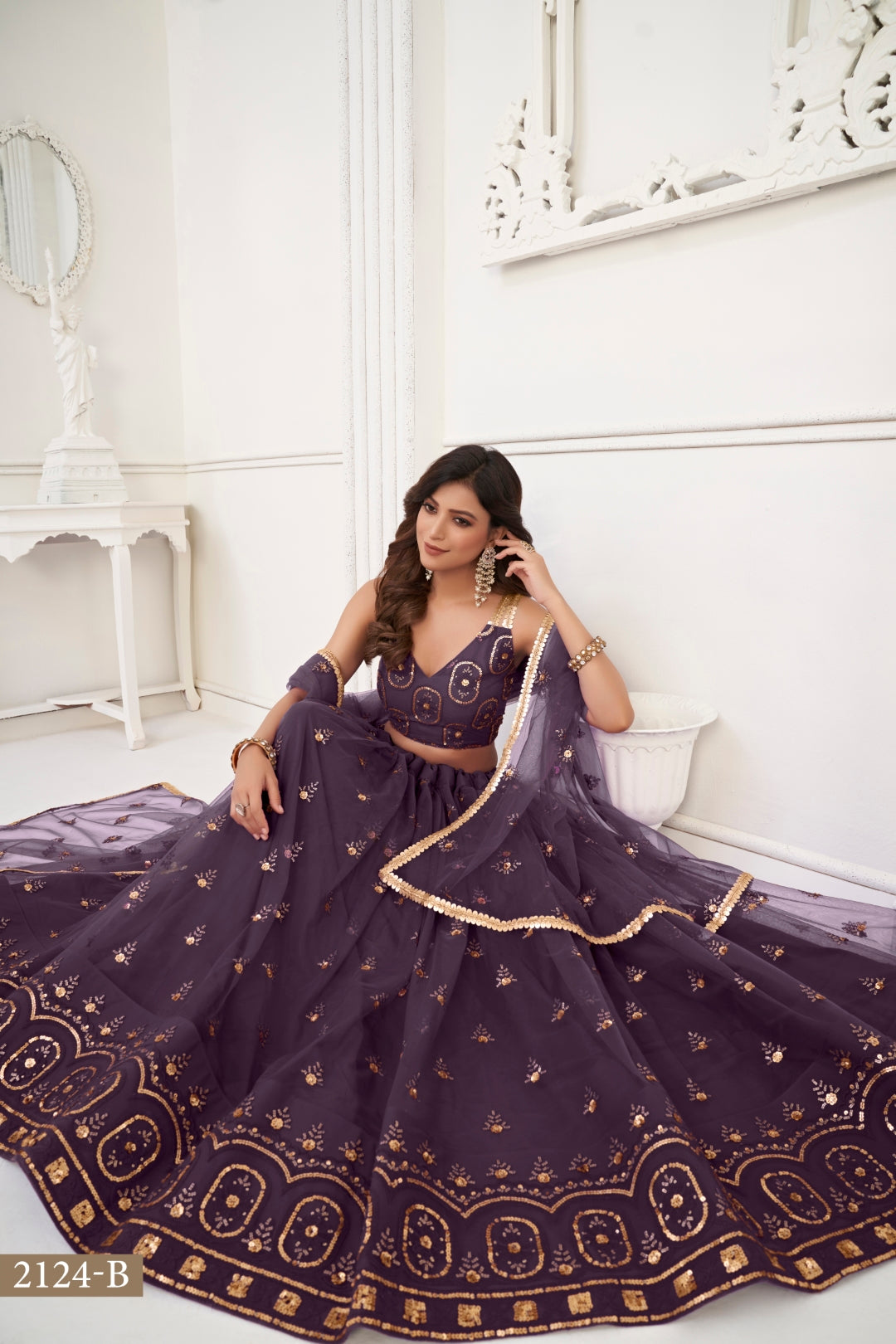 Dusty Wine Elegant Butterfly Net Lehenga with Tone-to-Tone Embroidery