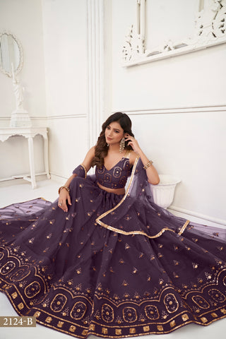 Dusty Wine Elegant Butterfly Net Lehenga with Tone-to-Tone Embroidery
