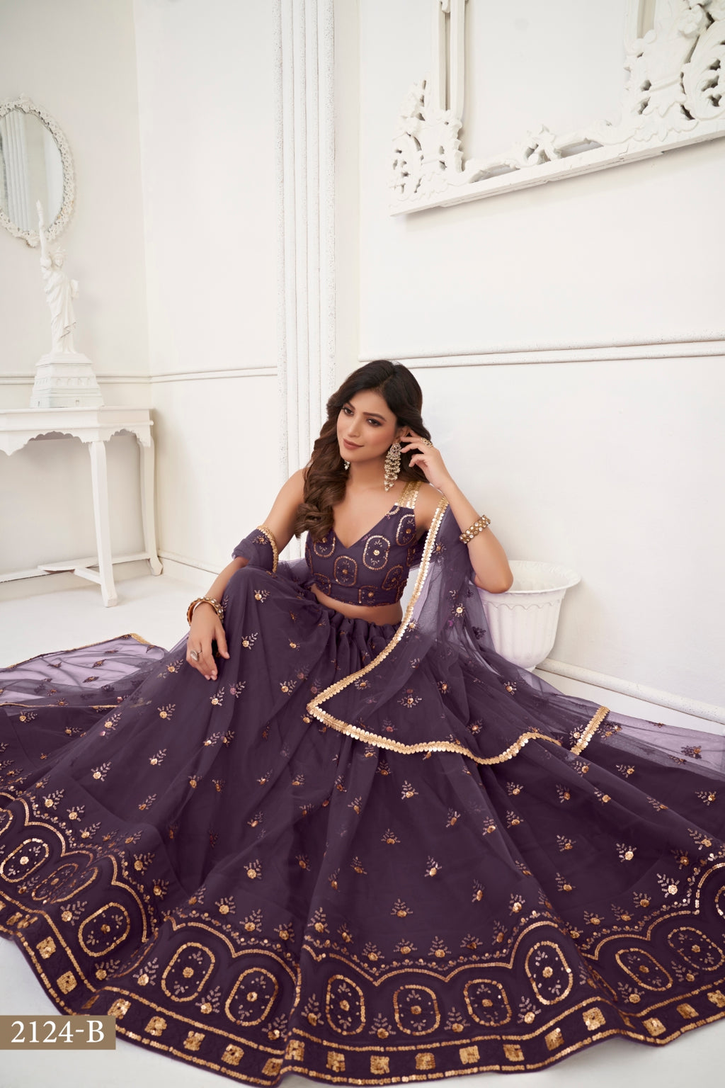 Dusty Wine Elegant Butterfly Net Lehenga with Tone-to-Tone Embroidery