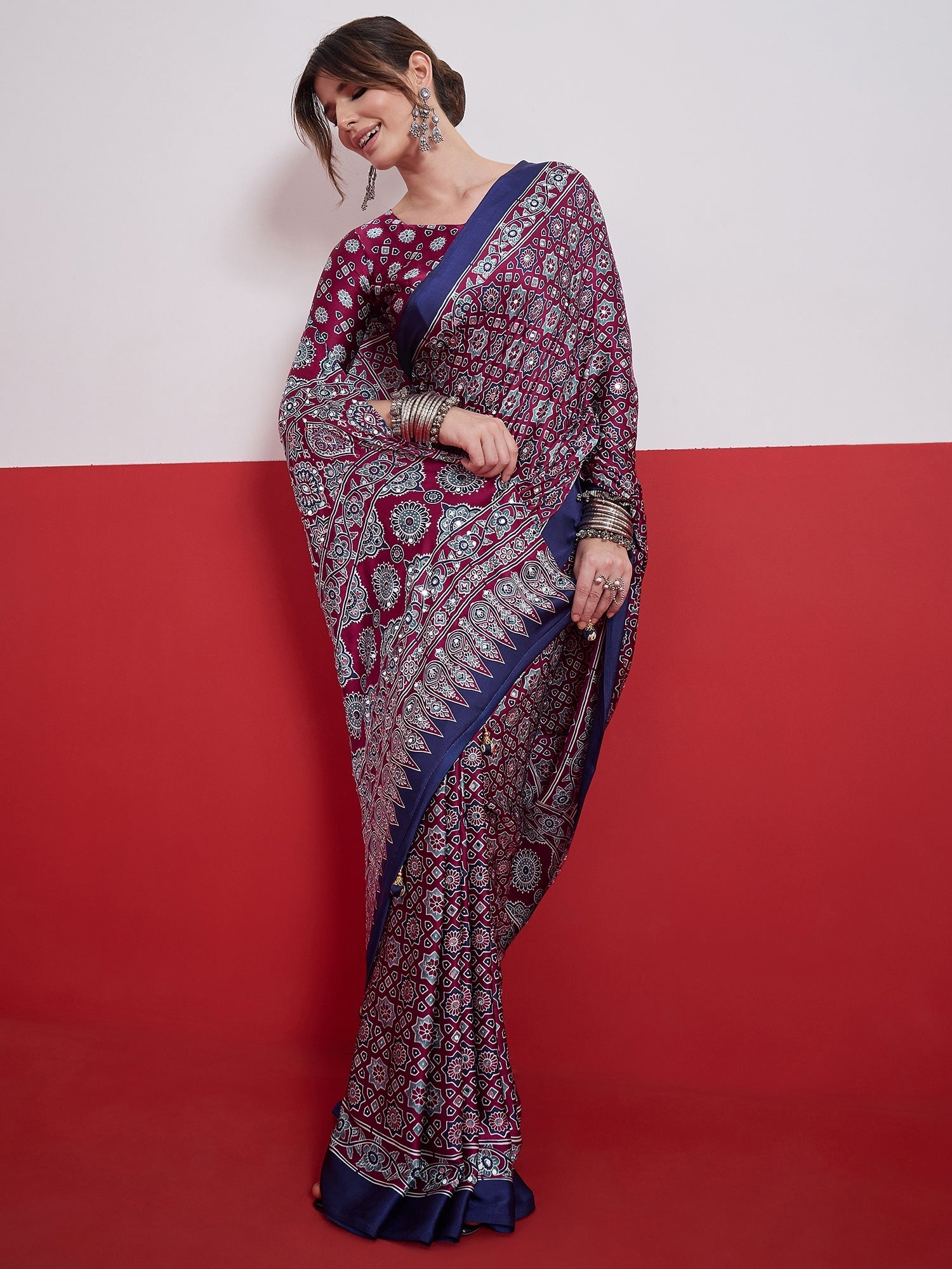 Elakshi Mirror Work Semi Modal Saree for Wedding & Party Wear ClothsVilla