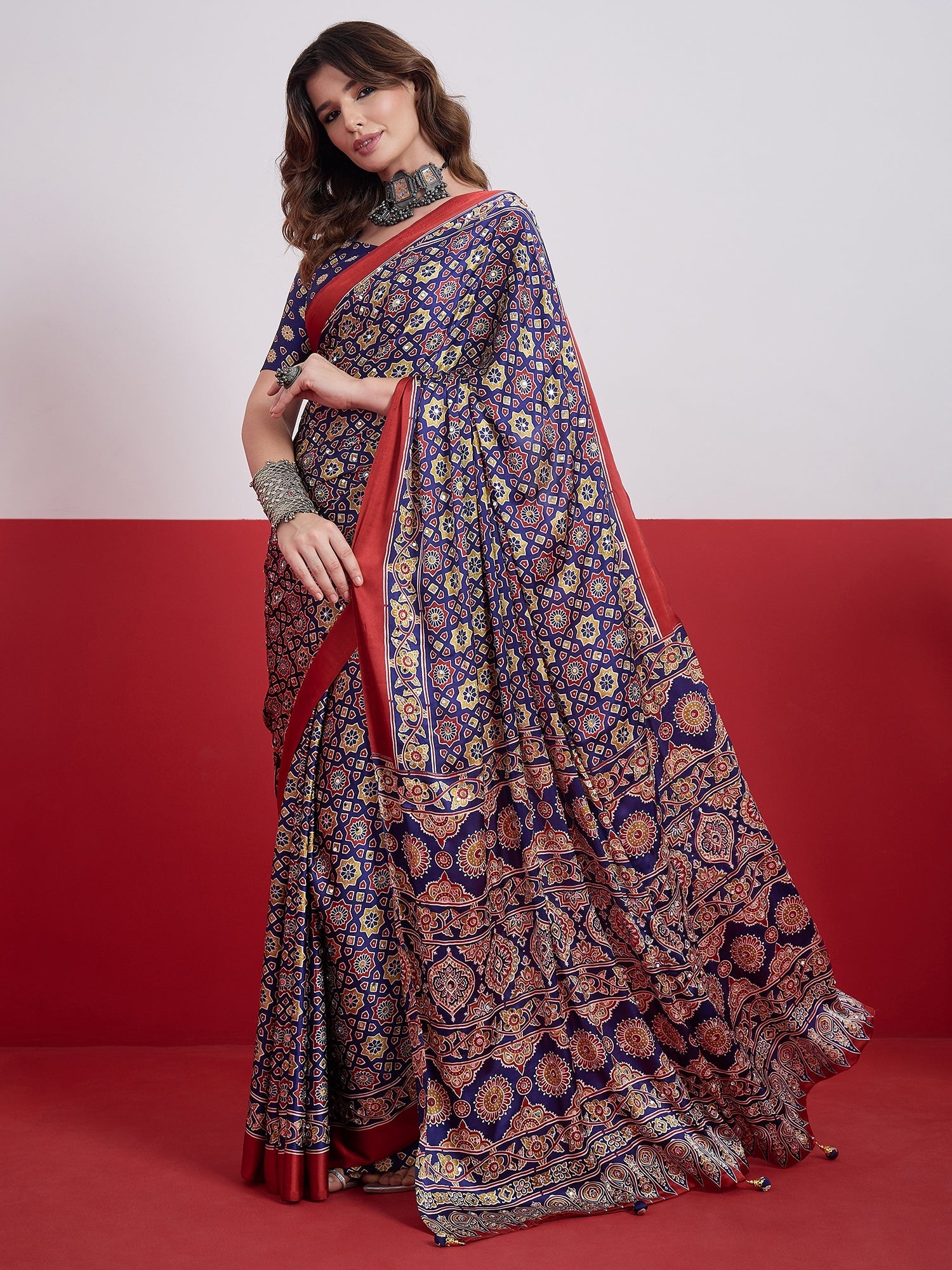 Elakshi Mirror Work Semi Modal Saree for Wedding & Party Wear ClothsVilla