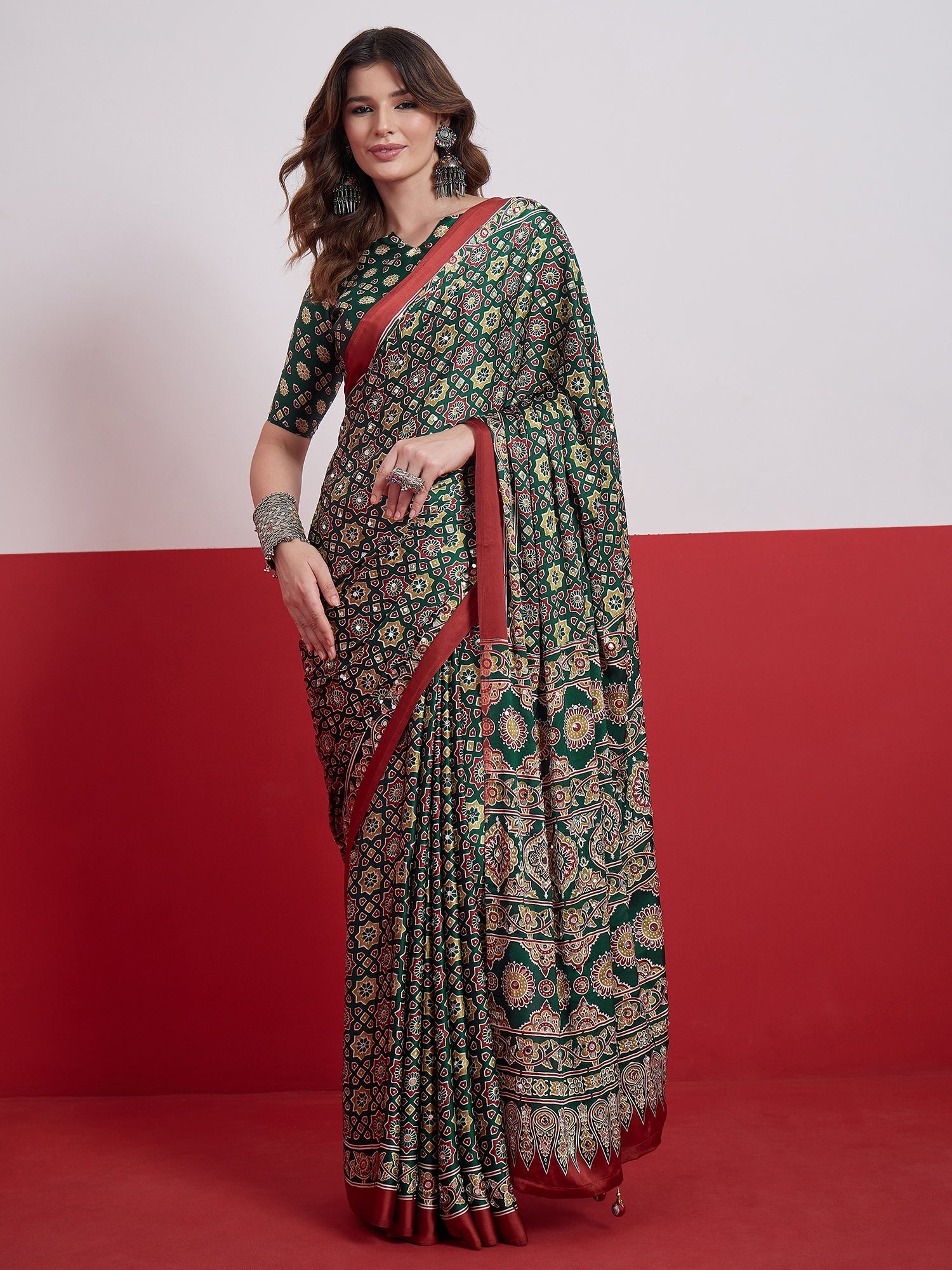 Elakshi Mirror Work Semi Modal Saree for Wedding & Party Wear ClothsVilla