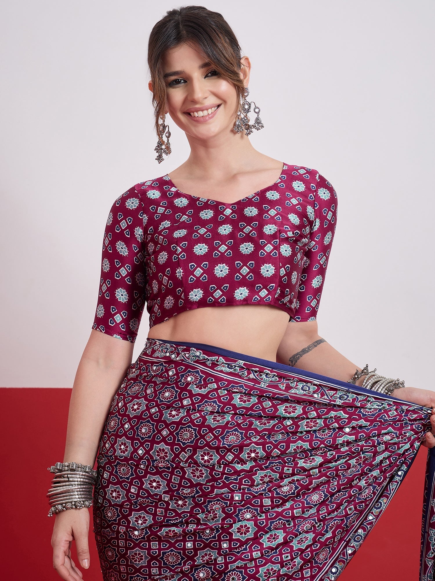 Elakshi Mirror Work Semi Modal Saree for Wedding & Party Wear ClothsVilla