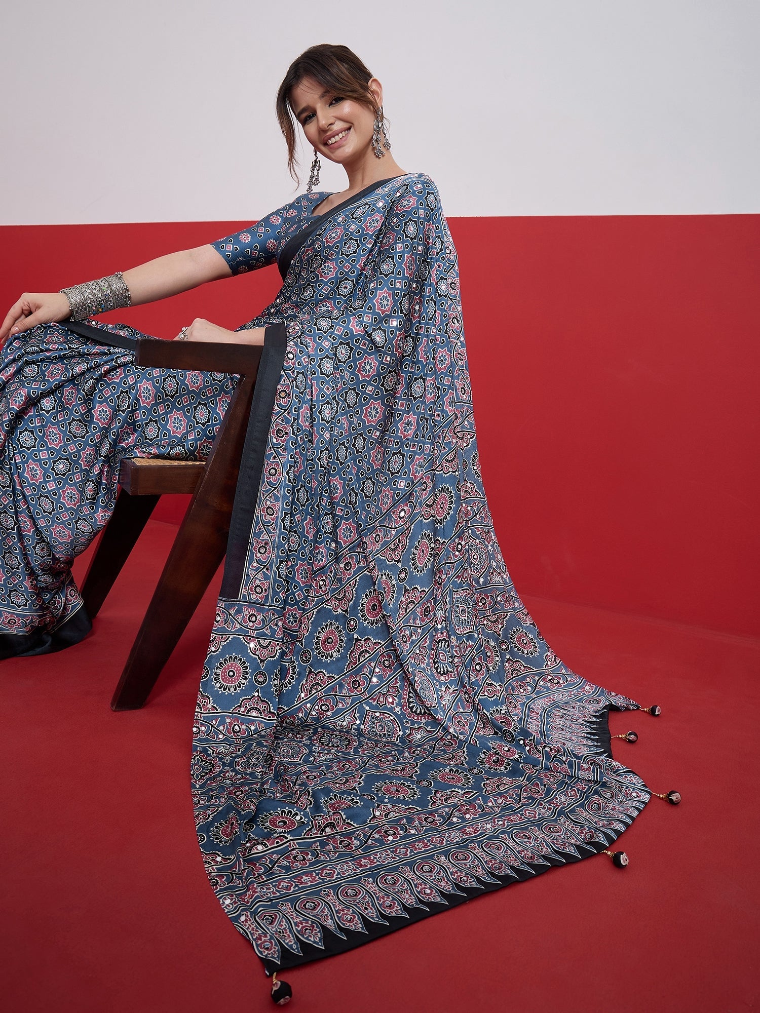 Elakshi Mirror Work Semi Modal Saree for Wedding & Party Wear ClothsVilla