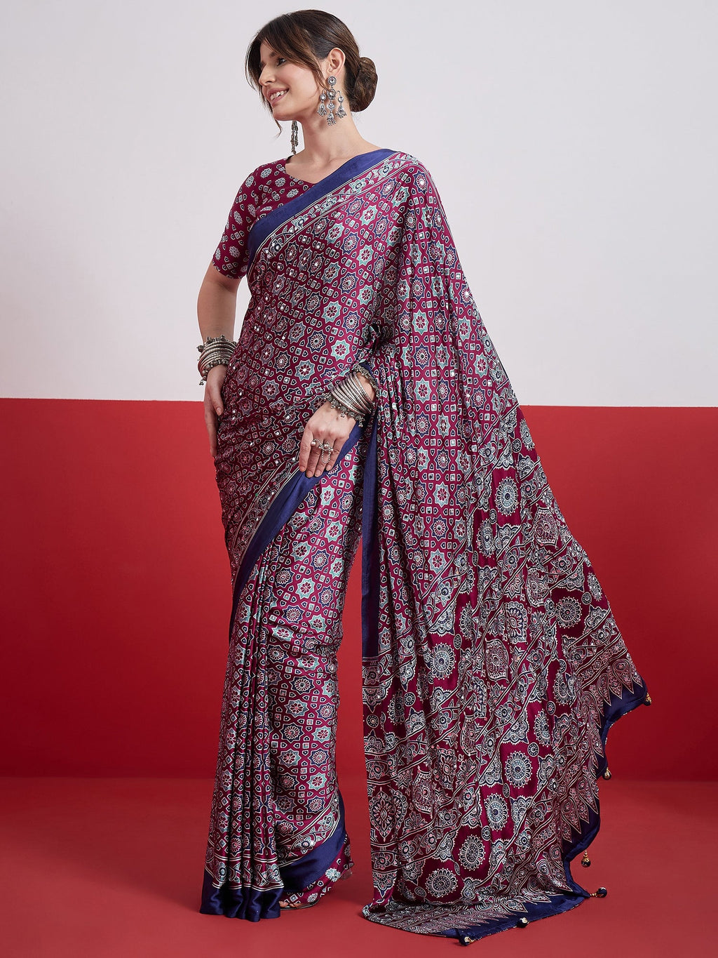 Elakshi Mirror Work Semi Modal Saree for Wedding & Party Wear ClothsVilla