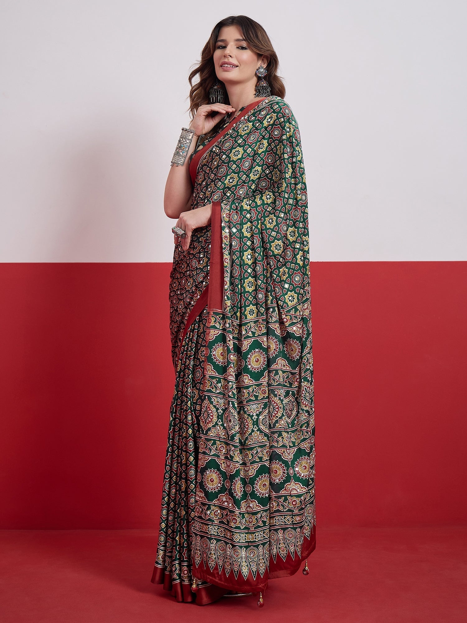 Elakshi Mirror Work Semi Modal Saree for Wedding & Party Wear ClothsVilla
