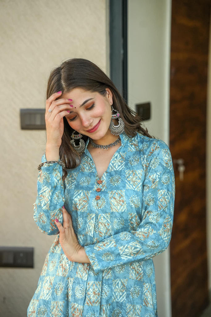 Electric Blue Pure Maslin Kurti Set - Heavy Digital Print ClothsVilla