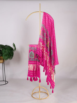 Elegant Bandhej Pure Gaji Silk Dupatta – Digital Print with Tassels ClothsVilla