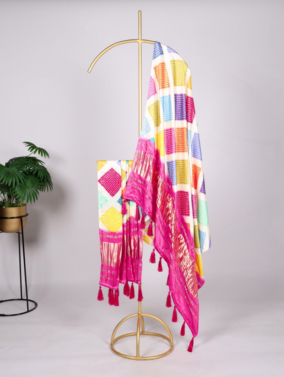 Elegant Bandhej Pure Gaji Silk Dupatta – Digital Print with Tassels ClothsVilla