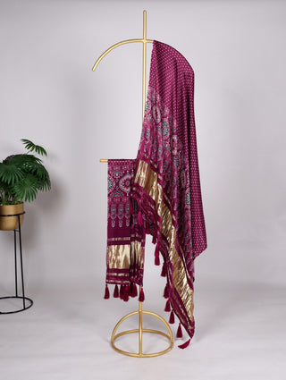 Elegant Bandhej Pure Gaji Silk Dupatta – Digital Print with Tassels ClothsVilla