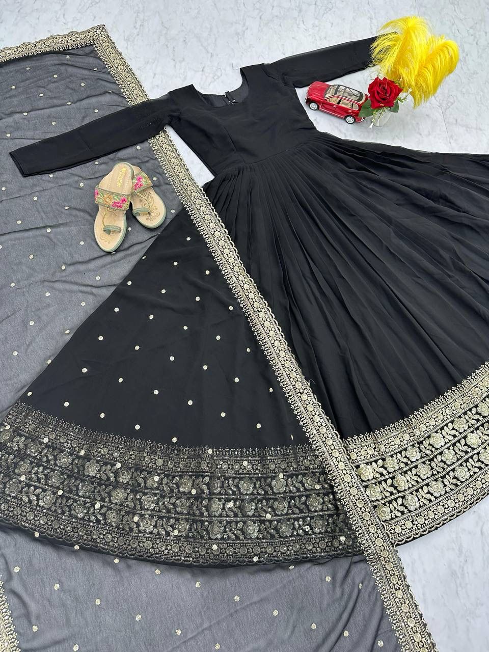 Elegant Black Embroidered Georgette Gown Set ClothsVilla