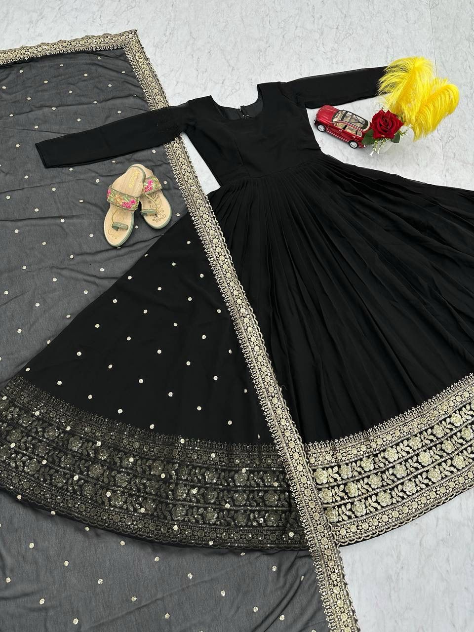 Elegant Black Embroidered Georgette Gown Set ClothsVilla