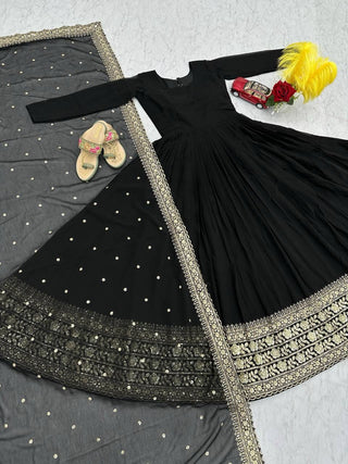 Elegant Black Embroidered Georgette Gown Set ClothsVilla