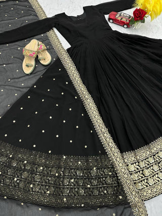Elegant Black Embroidered Georgette Gown Set ClothsVilla