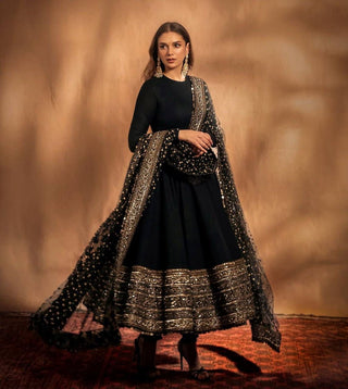Elegant Black Embroidered Georgette Gown Set ClothsVilla