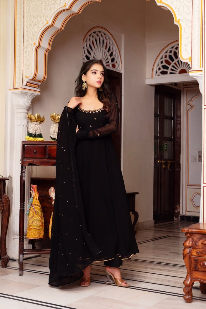Elegant Black Georgette Anarkali Suit with Dupatta ClothsVilla.com