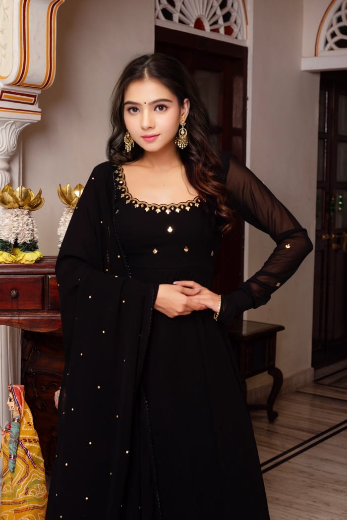 Elegant Black Georgette Anarkali Suit with Dupatta ClothsVilla.com