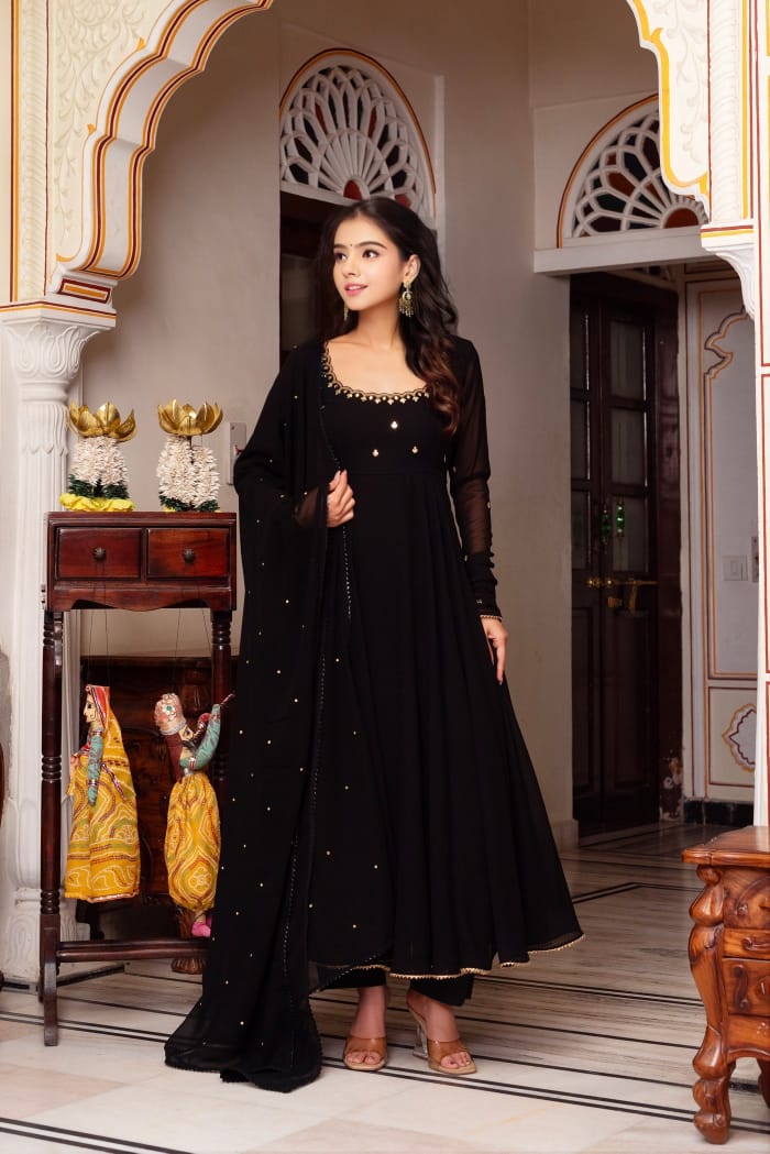 Elegant Black Georgette Anarkali Suit with Dupatta ClothsVilla.com
