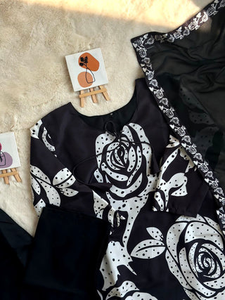 Elegant Black Maslin Cotton Kurta Palazzo Set with Printed Dupatta - Perfect for Ramadan & Parties ClothsVilla