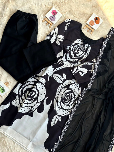 Elegant Black Maslin Cotton Kurta Palazzo Set with Printed Dupatta - Perfect for Ramadan & Parties ClothsVilla