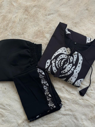 Elegant Black Maslin Cotton Kurta Palazzo Set with Printed Dupatta - Perfect for Ramadan & Parties ClothsVilla