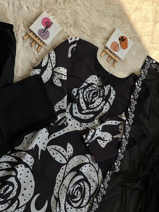Elegant Black Maslin Cotton Kurta Palazzo Set with Printed Dupatta - Perfect for Ramadan & Parties ClothsVilla