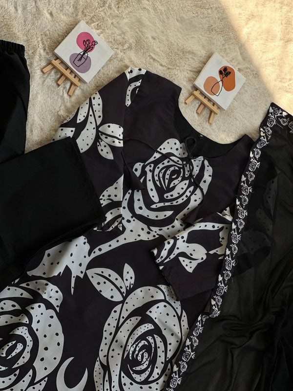 Elegant Black Maslin Cotton Kurta Palazzo Set with Printed Dupatta - Perfect for Ramadan & Parties ClothsVilla