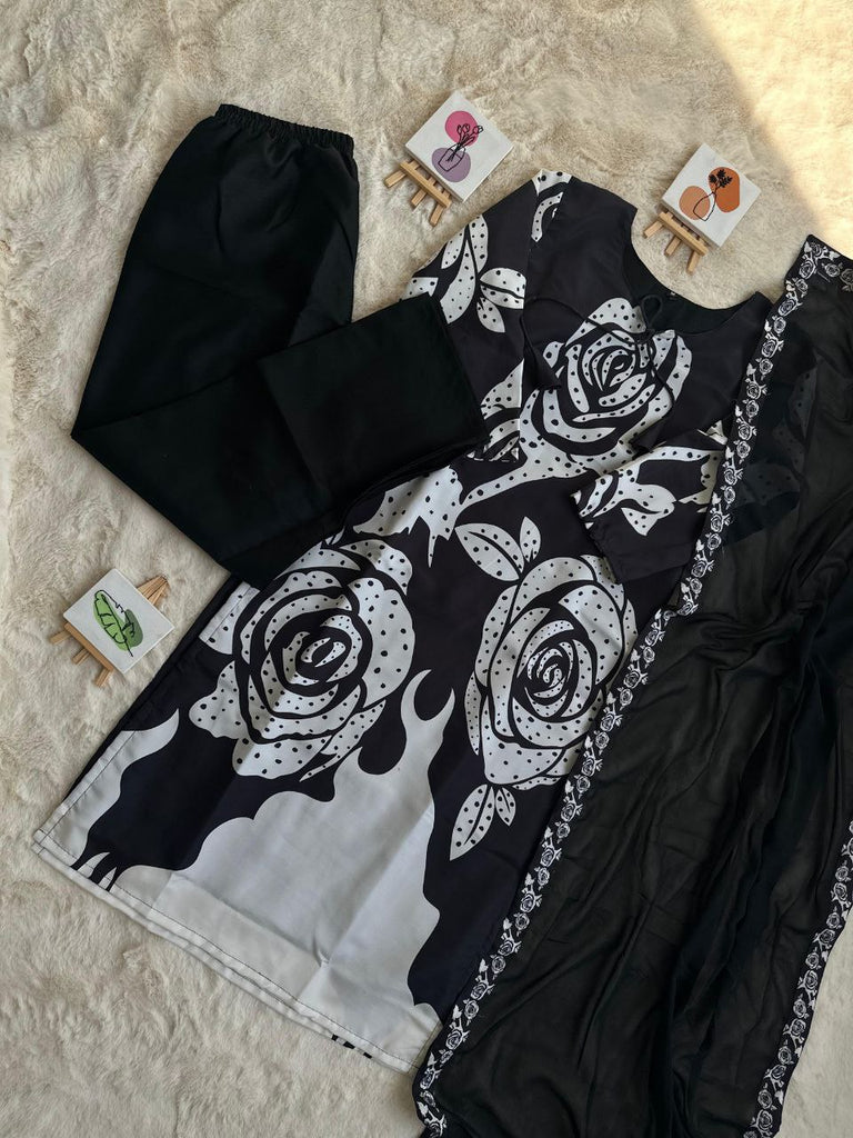 Elegant Black Maslin Cotton Kurta Palazzo Set with Printed Dupatta - Perfect for Ramadan & Parties ClothsVilla