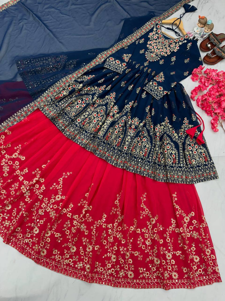 Elegant Blue Designer Party Wear Georgette Top Lehenga Set with Dupatta ClothsVilla