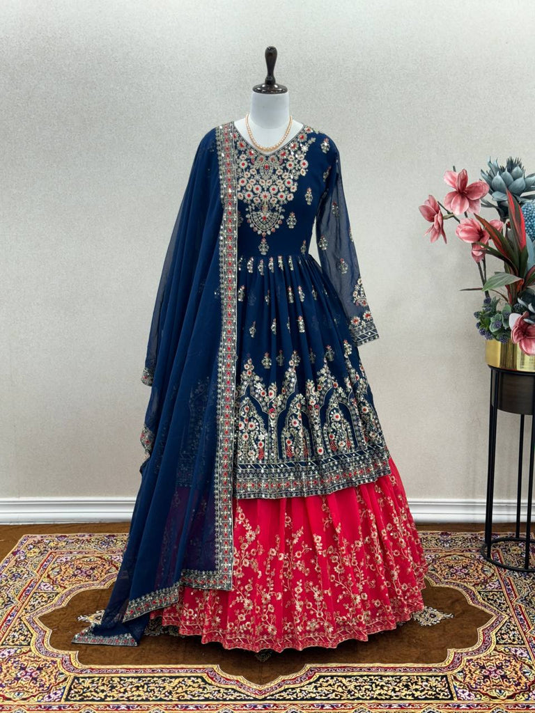 Elegant Blue Designer Party Wear Georgette Top Lehenga Set with Dupatta ClothsVilla