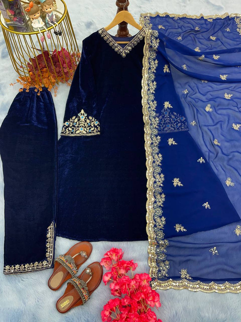 Elegant Blue Velvet Suit Set with Stunning Embroider ClothsVilla