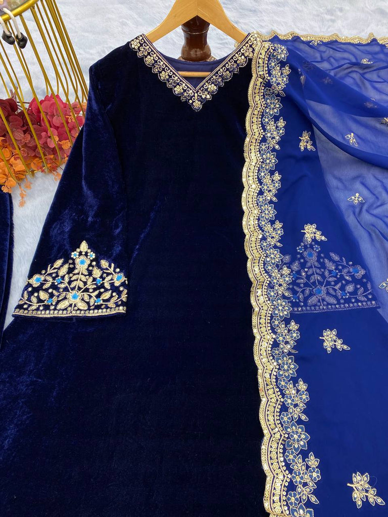 Elegant Blue Velvet Suit Set with Stunning Embroider ClothsVilla