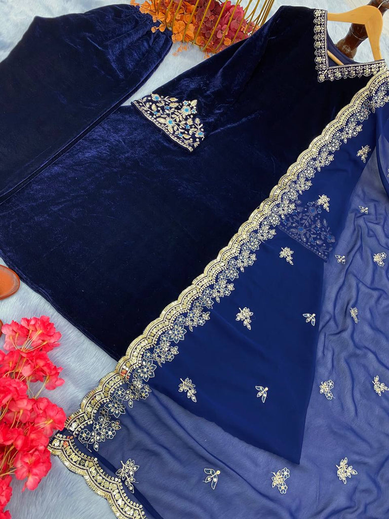 Elegant Blue Velvet Suit Set with Stunning Embroider ClothsVilla