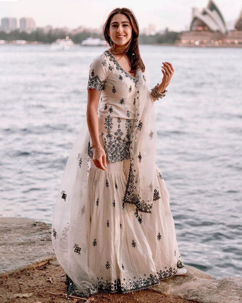 Elegant Bone White Sharara Suit with Black Thread & Paper Mirror Embroidery ClothsVilla Main image